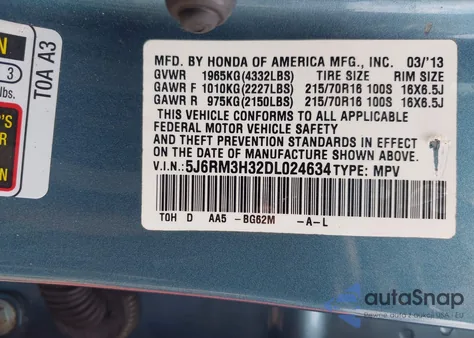 2013 Honda Cr-V Lx from USA, damaged, VIN 5J6RM3H32DL024634